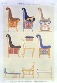 Illustrations of various painted seats and armchairs from the 5th Tomb of the Kings at the east, Biban El Moluk, plate 89 from Vol II of ‘Descriptions of Egypt’, engraved by Pomel, 1822