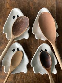 Halloween White Ghost Spoon Rest  Hand made stoneware clay, food safe, whimsical and functional.   Good for Halloween and other spooky occasions . 5" x 5 1/2" perfect as a trinket, teabag holder, as well as soap dish and appetizers. Each piece is air dried to greenware, high  fired for several hours, glazed and high fired again for many hours. Handmade in Seattle www.clayartbydeckmann