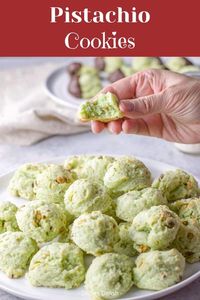 This is my delicious, melt in your mouth, moist, soft cream cheese pistachio cookies recipe for everyone to enjoy. They are my most requested cookie and so addicting! #cookies #holidaycookies #pistachio #dishesdelish