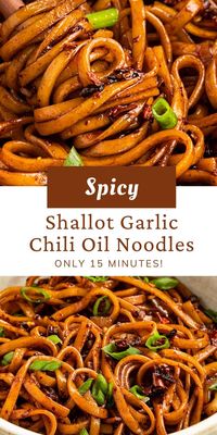 These spicy chili oil noodles are made with shallots, garlic, & a homemade Chinese chili oil sauce served over udon or ramen noodles. You will love this easy & vegan chili oil noodle recipe with garlic & shallots! #chilioilnoodles