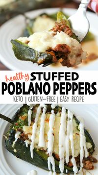 Roasted poblano peppers, stuffed with turkey taco meat (or your meat of choice) and a cheese mixture. These are an easier and healthier version of the traditional fried Chiles Rellenos! A must try easy & keto-friendly weeknight dinner! Click the link for the full printable recipe, and full video! 😋 #stuffedpeppers #chiles #keto #ketorecipes #lowcarb #lowcarbdinner