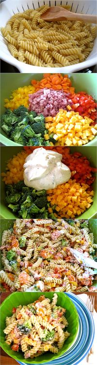 Ranch Pasta Salad: this looks yummy but I would have to switch out miracle whip with mayo w/olive oil!