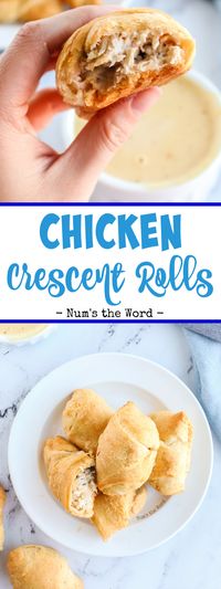 These Chicken Crescent Rolls are a quick & delicious 30 minute meal that your entire family will love! Use rotisserie chicken or leftover turkey! #dinner #maindish #chicken #rotisseriechicken #leftoverturkey #chickenpillows #creamcheesechicken #chickenpockets #chickencrescentrolls #recipe #numstheword