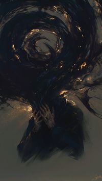 A figure grasps their head as they are engulfed by a swirling vortex of darkness. The golden flecks within the shadows hint at memories or fragments of light, but they are quickly swallowed by the void. This piece symbolizes the overwhelming power of despair, where one's sense of self is at risk of being consumed by the echoes of oblivion.