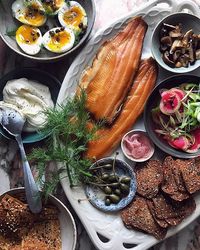 Smoked Trout Platter With Soft Boiled Eggs,creme Fraiche, Pickled Shallots, Watermelon Radish And Scallion Salad And Sautéed Mushrooms recipe | The Feedfeed