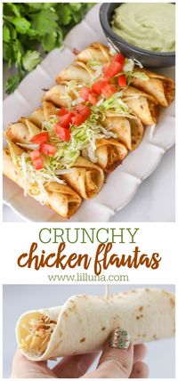 Delicious, crunchy flautas filled with shredded chicken (shredded beef works too), salsa, cheese, green chiles and more! They can be fried, air fried or even baked to be a delicious and easy dinner idea or appetizer. #chickenflautas #flautas #mexicanrecipes #mexican #chicken