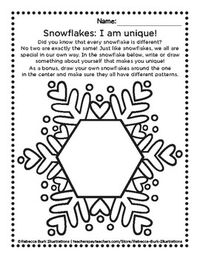 Celebrate wintertime while encouraging the children to be creative and express themselves through drawing and/or writing, while helping students understand that we are all special and unique. This worksheet can be used anytime during the winter or in association with the holidays and is perfect for use in early education settings, homeschool or as a fun activity!