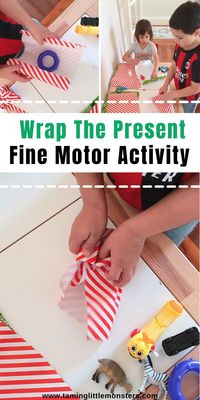 Wrap the Present Fine Motor Activity for Kids. Let preschoolers and kindergarteners practice gift wrapping. This is a fun way to develop fine motor skills this holiday season. #christmas #finemotor #preschool #kindergarten