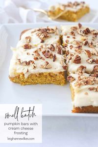 Small Batch Pumpkin Bars with Cream Cheese Frosting are the perfect way to welcome fall. They are a classic fall treat and the perfect amount for 2-4 people.