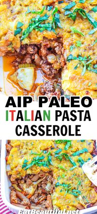 Paleo & AIP Italian Pasta Casserole makes the coziest, best dinner! Perfect for fall and winter nights. | paleo dinner recipes | paleo dinner ideas | paleo dinners for family | aip dinner recipes | aip fall recipes | aip fall dinner recipes | aip fall meals | aip casserole recipes | paleo casserole recipes | nightshade free recipes | dairy free casserole recipes | paleo italian recipes | paleo pasta recipes