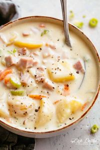 Creamy Ham Potato Soup in a bowl #cafedelites #ham #potato #soup #recipe