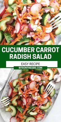 Tossed in a lemon dressing, this cucumber carrot and radish salad is crunchy, fresh, light and healthy. Perfect for the warmer weather, it takes minutes to make and is full of texture and flavor. Ideal for picnics and cookouts, this salad side dish works wonderfully with all of your favorite meals.