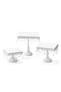 Chandelier Square Metal Pedestal Cake Stands  Set of 3: small, medium & large  Available in Gold, Silver & White finish  Clear Glass Accents  Create gorgeous cake towers  Small 8”w x 8”w x 6” h / Medium 9”w x 9”w x 9”h / Large 11”w x 11”w x 11”h