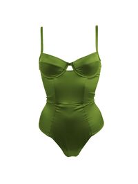 Crafted from panels of jungle green cruelty free stretch silk satin, the Petra body suit it a truly versatile piece that can be worn as lingerie or outerwear. Designed to hug every curve of the body creating an effortlessly elegant smooth silhouette, and made even more luxe by the 24K gold hardware. Adjustable back, shoulder and thong straps allow the bodysuit to fit across three band sizes, meaning it can remain in your collection year after year. Style Notes: Silk Lined, Underwired Padded Balc