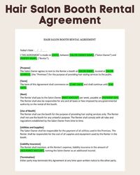 "⭐Hair Salon Booth Rental Agreement⭐ This is a professionally designed Hair Salon Booth Rental Agreement template perfect for salon owners looking to rent out booth space to independent hairstylists. The template is fully customizable and can be easily edited to fit the specific needs of your salon. It covers important topics such as rental fees, commission, services provided, and expectations for booth renters. This template is a must-have for all salon owners looking to streamline their booth rental process and ensure a clear understanding between both parties. Features: . Size: 8.5\" x 11\" inch / 21.59 x 27.94 cm. . Printable PDF file (ADOBE READER) . Editable DOC file (MICROSOFT WORD) Easy to edit and customize Professionally designed layout Covers all essential aspects of booth renta