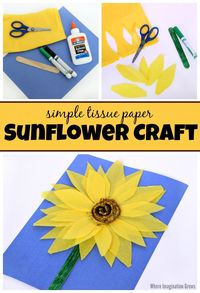 Simple & colorful tissue paper craft for kids! Sunflower craft for kids! A fun flower craft for toddlers and preschoolers to make this summer! Perfect for learning scissor skills and fine motor practice! #preschoolactivities #preschoolcrafts #preschool #summercrafts #toddleractivities