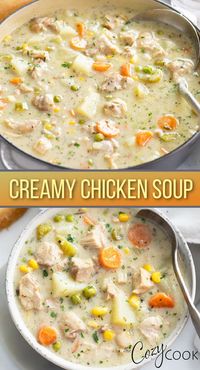 This Homemade Creamy Chicken Soup is easy to make with vegetables and your choice of potatoes, rice, or pasta! Serve it with biscuits for an easy diner idea that your family will love!