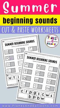 Free printable beginning sounds worksheets for kindergarten. Summer theme kindergarten. Cut and paste beginning sounds. Phonics worksheets kindergarten. Matching sounds with pictures worksheets.