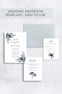 Beautiful watercolor artwork on an affordale wedding invitation template - monochromatic florals, DIY wedding invitations