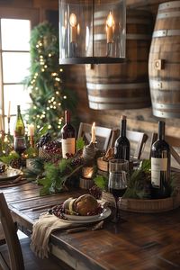 Indulge in the holiday spirit with a touch of rustic elegance in this winery-themed Christmas dining room. Inspired by the charm of a countryside vineyard, this room features natural wood elements, wine barrel accents, and grapevine decorations, all intertwined with festive holiday flair. The warm, inviting atmosphere is enhanced by soft candlelight and a color palette that echoes rich wine hues, creating the perfect backdrop for memorable holiday feasts.