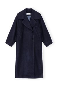 This Dark Blue Wool Coat features a collar and has a single-button closure. The coat has long sleeves, side pockets and a high slit at the back. | GANNI Dark Blue Wool Coat in Navy Size 8 | Women's