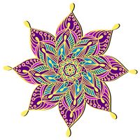 Gorgeous purple, yellow, and blue mandala in the shape of a star or flower...or a starflower. Simple patterns combine to form an intricate design. Available on dozens of items, from t-shirts to bathmats.