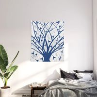 Birds on tree branches. artistic, tree, birds, white, blue, white-blue, blue-white. Wall Tapestry