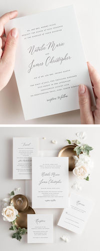 A delicate script font adds a gorgeous touch to these simple and classic wedding invitations. Our letterpress printing style results in deep impressions you can see and feel. Tie your look together with your choice of embellishments, including vellum jackets, wax seals, belly bands and envelope liner in any of our 40+ colors, and our easy addressing services. Request a sample kit to experience our quality in person.