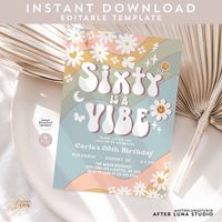 Editable 60th Muted Green Blue SIXTY is a Vibe Birthday Invite Daisy Hippie 70s Retro Birthday Invitation Instant Download 665K2 60 - Etsy