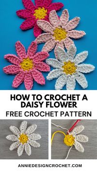 These cute daisy flowers are a free crochet pattern over on my blog, and the pattern shows you step by step how to crochet these daisy flowers.  This crochet project will add a lovely floral touch to your creations. They only take minutes to make and ideal for all skill levels.