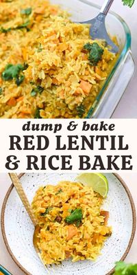 This vegetarian red lentil and rice casserole is a dump-and-bake recipe that features warming curry spices, coconut milk, and a handful of budget-friendly ingredients. The casserole is sliceable, versatile, and requires just 10 minutes of active time to make!