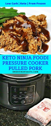 An easy Keto Pressure Cooker Pulled Pork recipe that uses the Ninja Foodi Pressure Cooker and a nearly 3lb frozen roast. Done in less than 2 hours and perfect for meal prep! #keto #ketobbq #pressurecooker #instantpot #ninjafoodi #pulledpork #nosugaradded #lowcarb #mealprep #easy #dinner #recipe