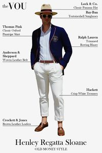 The infamous British Henley Regatta aesthetic combines classic pieces like a Thomas Pink Oxford shirt, Ralph Lauren rowing blazer, and crisp Hackett trousers for a look that exudes refinement. Click through for more inspiration and tips to learn how to create your own unique Old Money look and transform into a modern-day Sloane Ranger!