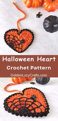 DIY crochet Halloween decoration - heart-shaped ornament with spider web and a spider. Free crochet pattern, easy project, Halloween home decoration