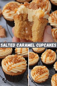 Recipe for Salted Caramel Cupcakes with salted caramel buttercream, filled with salted caramel sauce and decorated with salted caramel fudge #thebakingexplorer #saltedcaramel #cupcakes #cupcakerecipe #saltedcaramelcupcakes