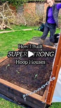 Carpenter's Daughter - Vikkie on Instagram: "I've now built about 11 hoop houses to grow all of my veggies on our new farm so I can protect them from the local badgers, foxes and deer.

Comment HOOP HOUSE for my full step by step instructions + product list!

But it's a very simple design...

I built a structural timber lid frame (63x38mm CLS I'm DIY stores) to match my raised bed's openings with a 2ft upright for my tunnel support.

Then attached 25mm blue water pipe (search Polypipe online) with 25mm metal clips and mounted to the top support and another couple of wooden supports either side.

For the cover, I used clear plastic (or clear plastic tauplin) for my lettuces.

But also some insect netting on the rest my my brassicas and other cool crops.

To attach the plastic to the lid, I 