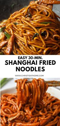 Shanghai Fried Noodles. Chewy noodles stir fried in a savory sauce with pork, leafy greens, green onions and shiitake mushrooms. Ready in 30 minutes for dinner or lunch!