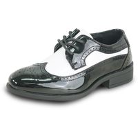 PRICES MAY VARY. Enjoy Relaxed Sophistication with this Boys' Fashion and Classic Wing Tip Lace Up Dress Shoe. With Two-Tone Black and White Combined Patent Finished Upper, this Wing Tip Style Tuxedo is Designed for Prom, School Uniform, Wedding and Any Formal Events. This Upper Material Has Been Treated by a Special Up-to-Date Technology which is Never Crease, and Scuffing E-Z Clean. Premium Fully Lined Interior Keeps Feet Cool and Dry, and Extra Footbed Provides Support and Comfort. Odor Free