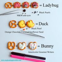 Adorable! Ladybug, Duck and Bunny Pretzels from Stop Looking Get Cooking. How fun for an Easter party or birthday party :) Edible markers can be purchased at Michael's and other craft/baking stores.