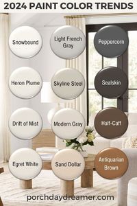 The 2024 most popular neutral paint colors interior designers will be using to decorate your home. Bright white, easy off white, warm white, dark brown and dark gray.