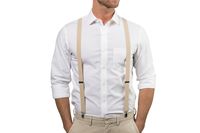 Look your best at the wedding, Quinceañera, prom, homecoming, in family photos or even on a red carpet! These beige suspenders make a great groom, groomsmen and ring bearer's outfit. Made out of a stretchy elastic and are highly adjustable with a length adjuster. Total length will stretch an extra 5" to 10" depending on the size. Silver clips are made with plastic inserts that protect the fabric of your pants and keep suspenders in place. Y-shape back.