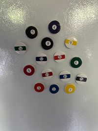 The Billiard Ball Magnet set comes with all 15 pieces with a small magnet attached onto the back. Each magnet is made of Sculpey clay and then painted. The numbers are cut out of paper and placed on. Each magnet weighs about .015 lbs and the set as a whole weighs .229 lbs. Each magnet is also about 1.25 in.