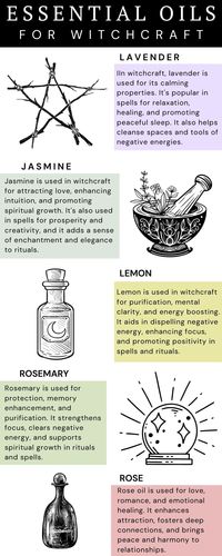 In witchcraft, essential oils have many uses. Frankincense and rosemary are used for protection. Lemon and eucalyptus aid in cleansing. For love spells, rose and vanilla are popular. Orange and bergamot uplift mood, while patchouli and lemongrass help with grounding. Lavender adds relaxation and calm.