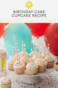 If you don’t have time to decorate a birthday cake, try birthday cupcakes! These classic Birthday Cake Cupcakes amp up the vanilla flavor in both the cake and the frosting for a double dose of birthday fun. Add sprinkles to your cake batter for even more celebration! A quick and easy way to serve party guests, these vanilla cupcakes are great for treats on the go. #wiltoncakes #cupcakes #cupcakedecorating #cupcakeideas #homemade #baking #sprinkles #confetti #recipes #birthdaycake #birthdayparty