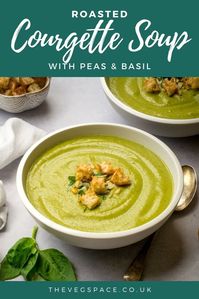 This silky roasted courgette soup (zucchini soup) is packed with flavour from roasted garlic, peas, basil and vegan parmesan, and topped with crispy ciabatta croutons and pine nuts.