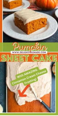 Need an EASY pumpkin cake recipe? Forget the work of a layer cake - this pumpkin sheet cake with cinnamon cream cheese frosting tastes just as amazing! Perfect for any fall dinner, Thanksgiving or Friendsgiving!