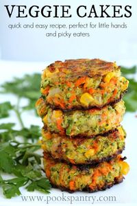 Veggie cakes are a tasty way to get more vegetables into your diet, especially if you have picky eaters.  Made with grated vegetables – carrots, broccoli, zucchini and a bit of corn for sweetness, these fluffy and easy veggie cakes are cooked on the stovetop.  #veggies #vegetablerecipes #fritters #vegetarianrecipes