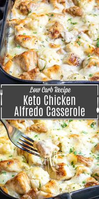 Keto Chicken Alfredo Casserole is an easy, cheesy low carb meal packed full of chicken, cheese, and cauliflower. It's the perfect keto dinner solution for feeding the whole family. Use shredded rotisserie chicken or make your own, add it to steamed cauliflower and cover with a homemade keto alfredo sauce and more cheese. It's an easy keto dinner idea that everyone will love. #ketorecipe #ketodiet #keto #lowcarb #chicken #cheese