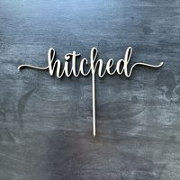 "Celebrate your Wedding, Wedding Shower, or Bachelorette Party,  with our beautiful \"hitched\" cake topper. Our cake toppers are offered in either Wood or Acrylic and are a great option to be able to save and have as a keepsake.  Unlike cardstock cake toppers, these will not warp, bend, fold, crinkle, or shed glitter.   *MATERIAL OPTIONS: -1/8\" premium birch plywood -1/8\" acrylic *COLOR OPTIONS: -Please use the dropdown menu for colors and pricing -Color Options are shown in listing photos *S