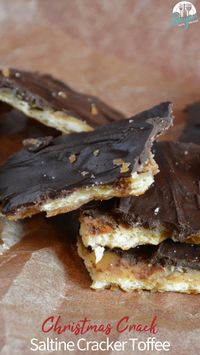 Christmas crack aka Saltine cracker toffee is a four-ingredient candy recipe that is easy to make with saltine crackers, butter, brown sugar, and chocolate chips and baked quickly before being broken into toffee pieces.